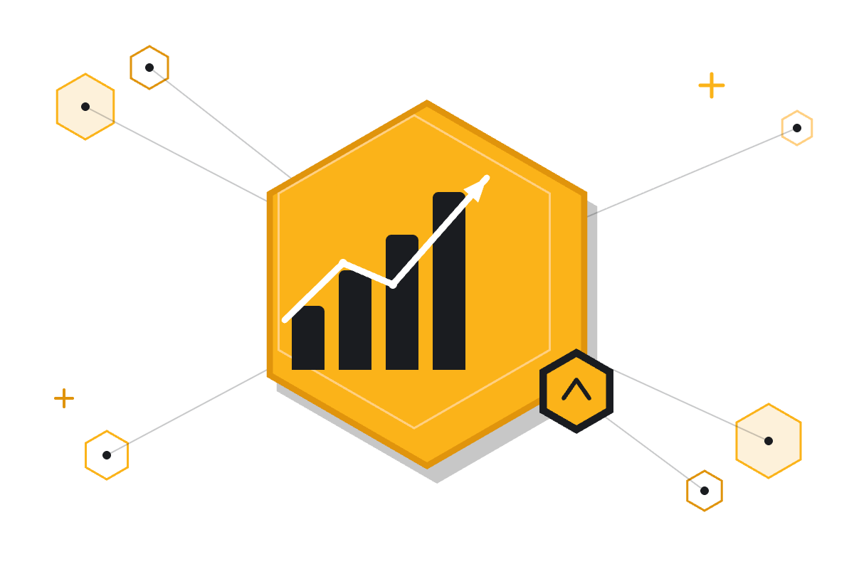 Illustration of a rising growth chart inside a gold hexagon